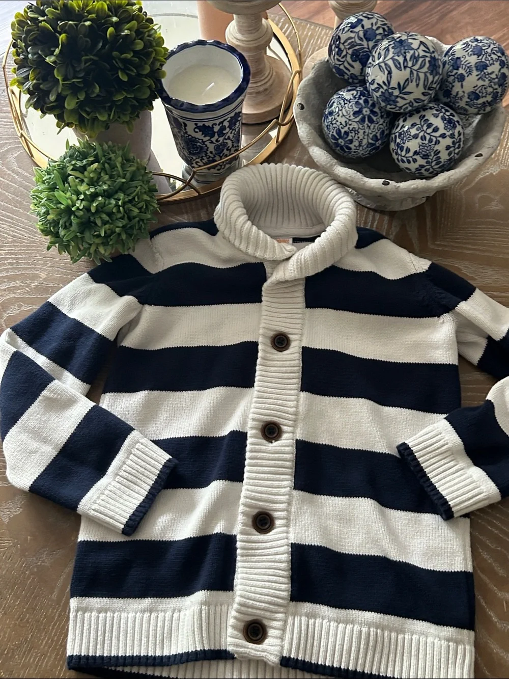 Gymboree Kids Navy & Creamy White Striped Button Sweater Cowl Neck Cardigan